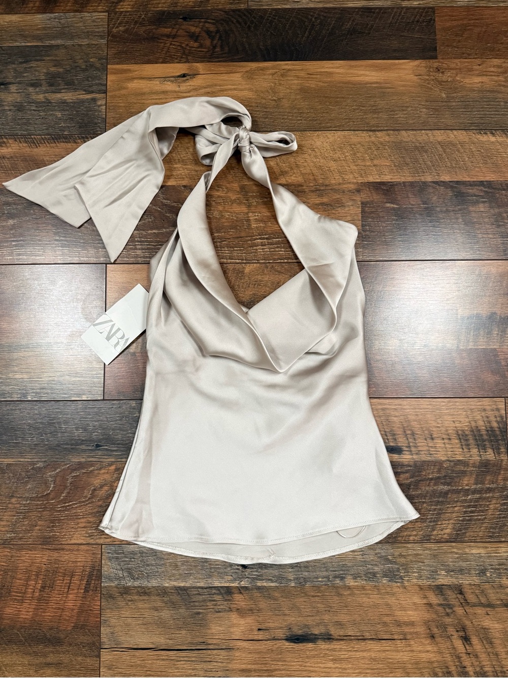 Zara Neutral Gold Halter Cowl Neck Satin Top